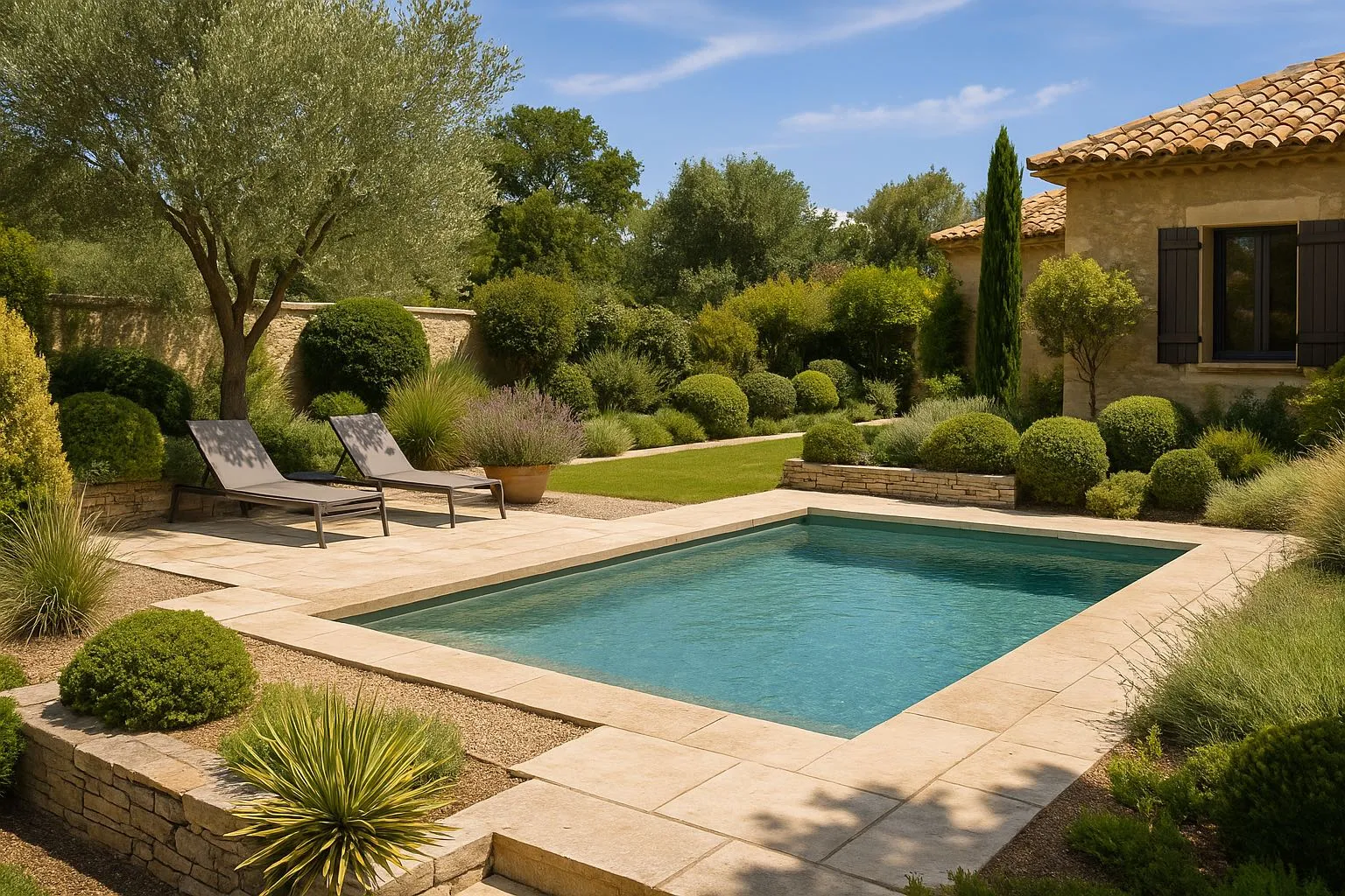 Jardin méditerranéen avec piscine, oliviers et cyprès, réalisé par Bontemps Paysagiste près de Montpellier