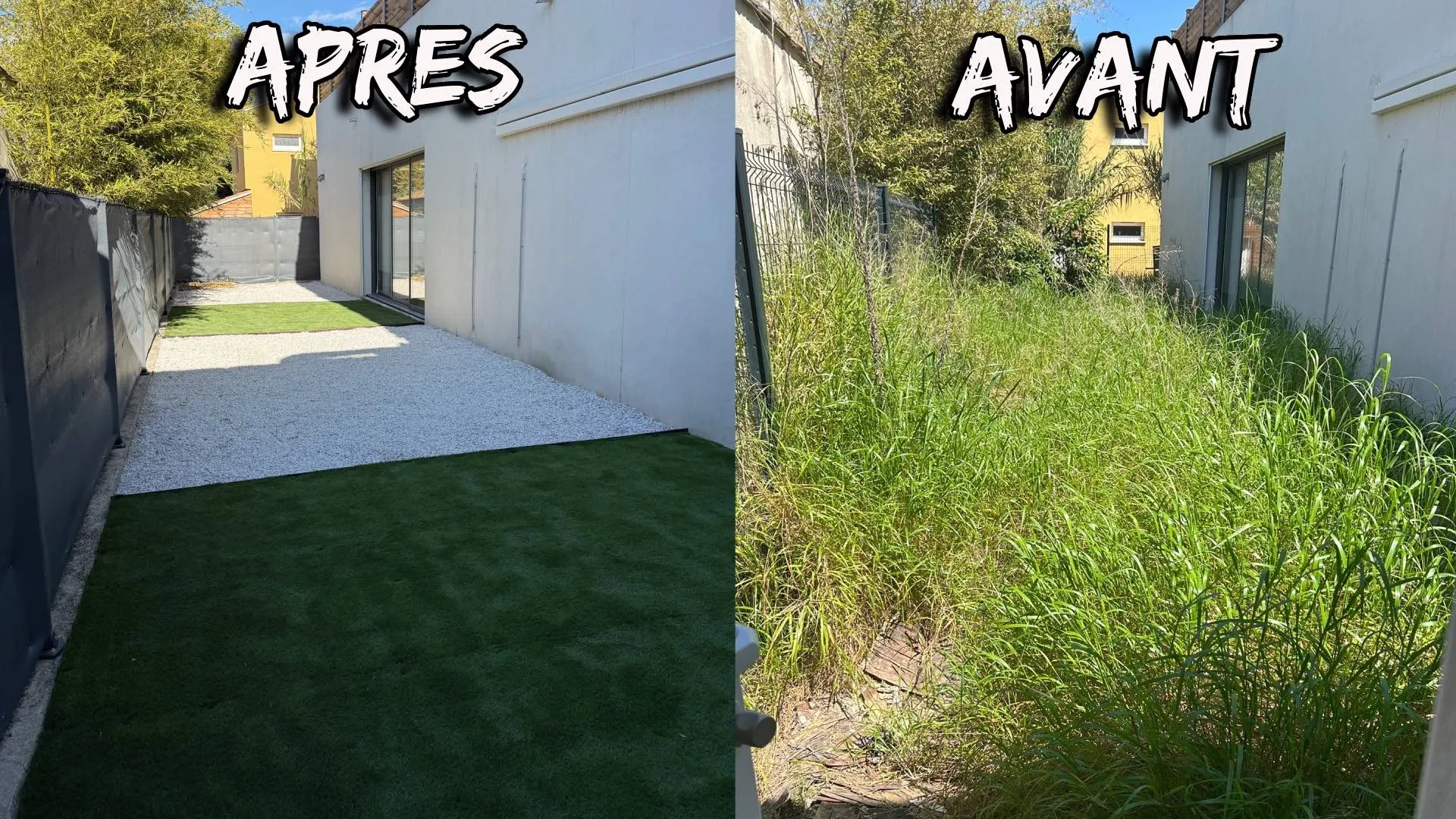 Avant après d'une pose de gazon synthétique réalisée par Bontemps Paysagiste