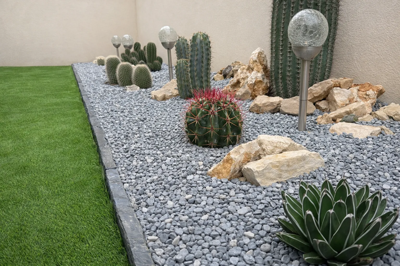 Jardin sec et minimaliste avec cactus et décoration minérale aménagé près de Montpellier